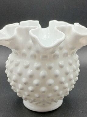 Vintage Fenton 4¼" Tall Hobnail White Milk Glass Crimped Ruffled Edge Vase